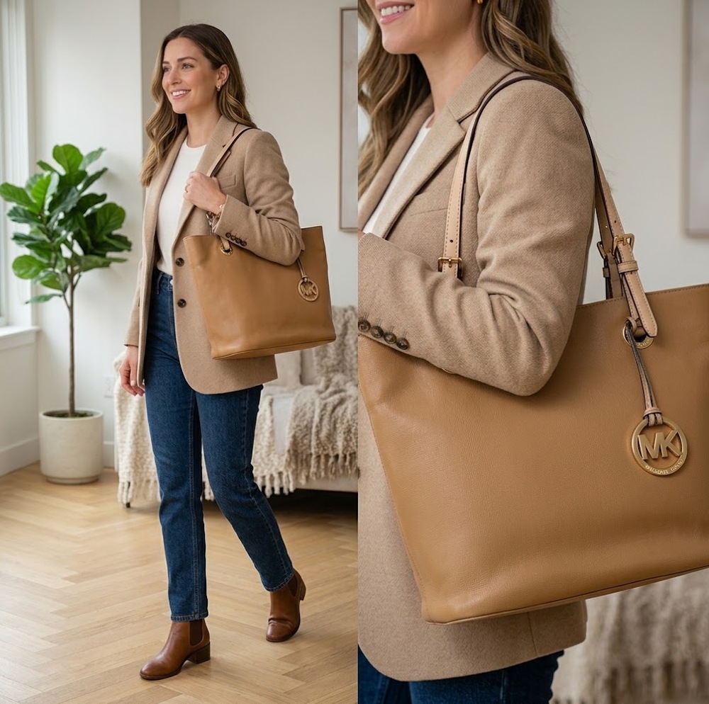 MICHAEL KORS Jet Set Camel Tan Leather Medium Tote Double Strap Bucket Handbag
